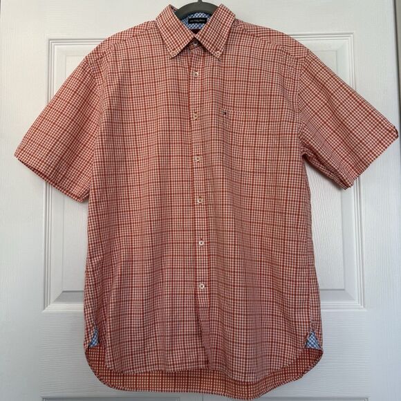 Men’s Tommy Hilfiger Orange/White Plaid Button Down Short Sleeve Shirt Size M - Picture 1 of 7